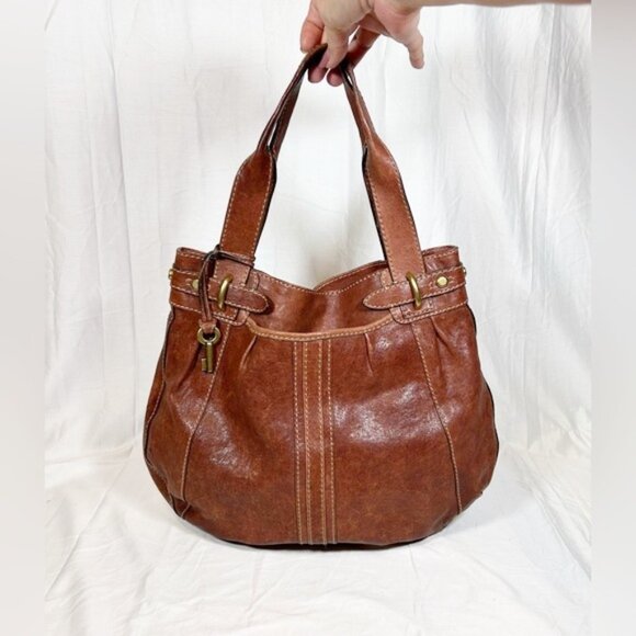 Fossil Large Brown Distressed Leather Boho Hobo Tote Shoulder Bag - Picture 1 of 8